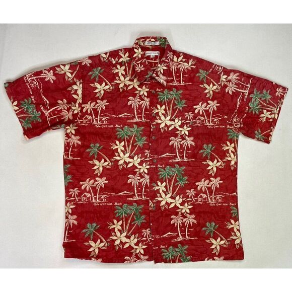 VINTAGE Pierre Cardin Hawaiian Shirt Men Large Red Floral Print Short Sleeve - Picture 1 of 5
